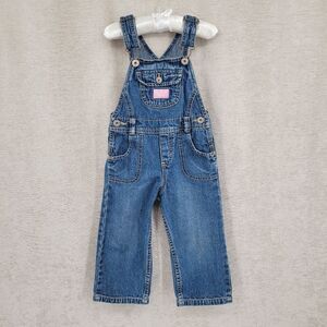 Oshkosh Vestbak Denim Blue Jean Kids Overalls Girls Pink Accents Size 2T